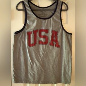 Mad Engine Men’s Large Tank Top Graphic USA Print Gray With Navy Piping Summer